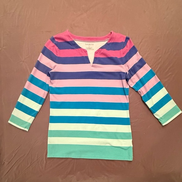 NWOT Talbots Women’s Striped Multicolor 3/4 Sleeve Split Neck Top Size Medium - Picture 2 of 8